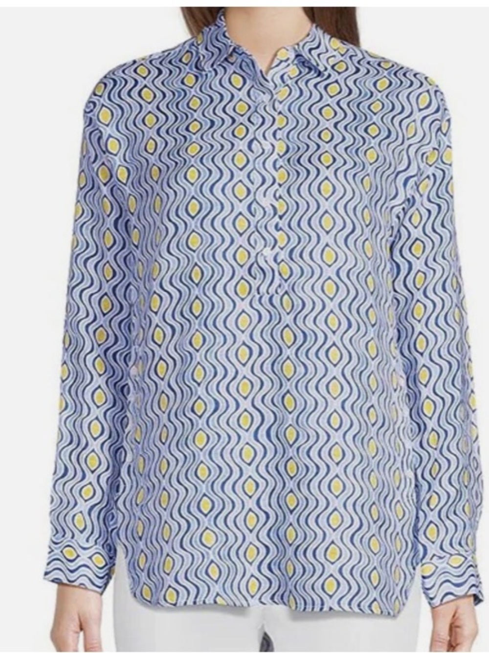 NWT J McLaughlin Printed Fallon 100% Linen  blouse in blue/white Costa Key sz M